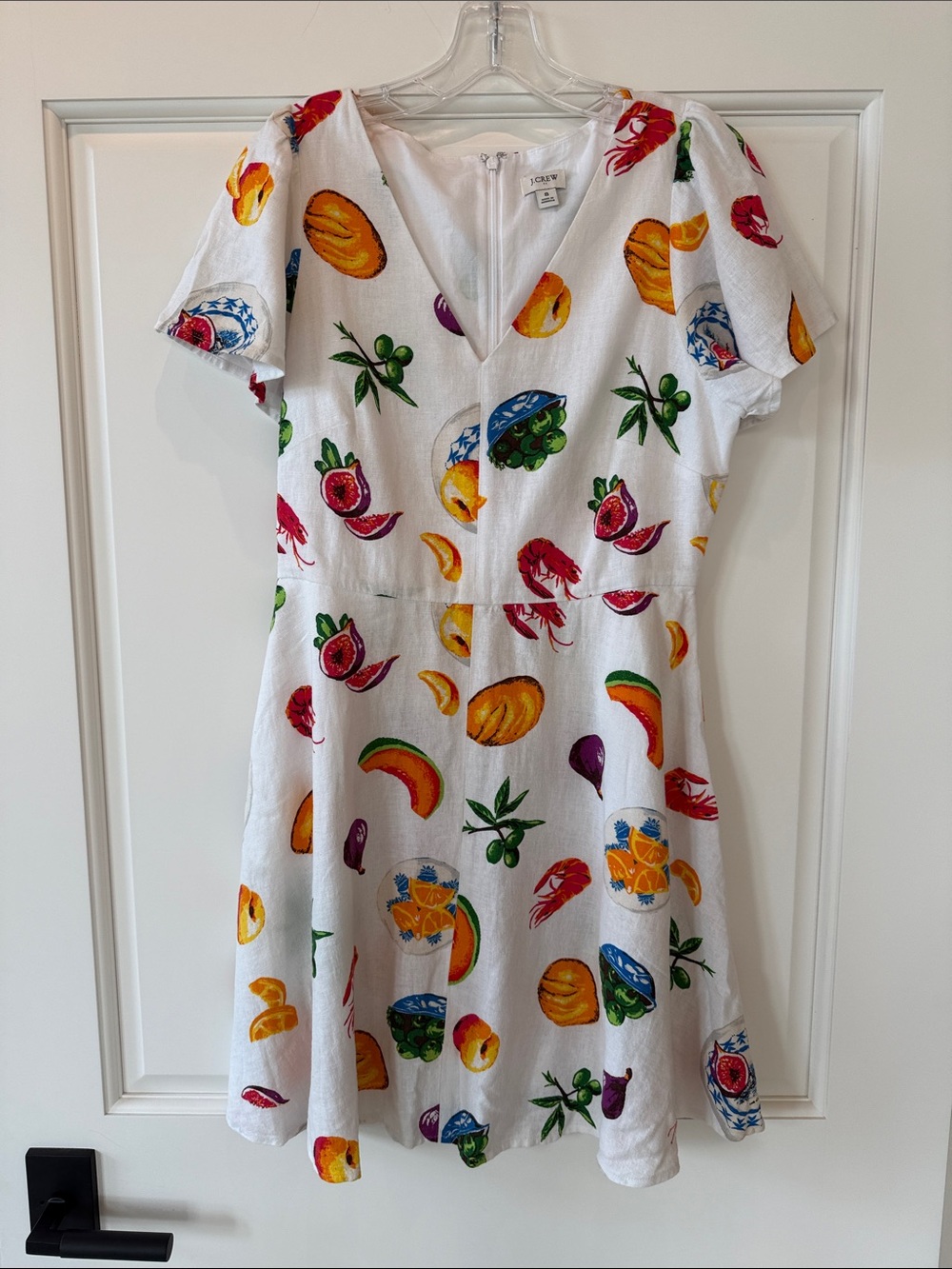 J. Crew Factory White V-Neck Dress with Bright Fruit Print
